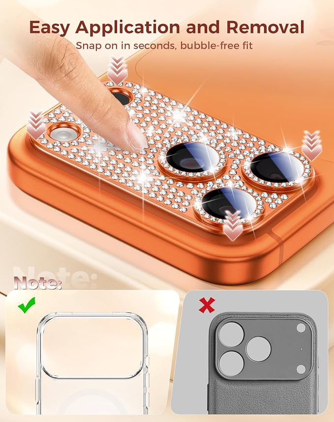 Goton for iPhone 17 Pro Camera Lens Protector Diamond Bling- Not Easy to Fall, Strong Adsorption, Glitter Metal Aluminum Alloy Rear Camera Screen Cover Accessories for 17Pro, Light Orange