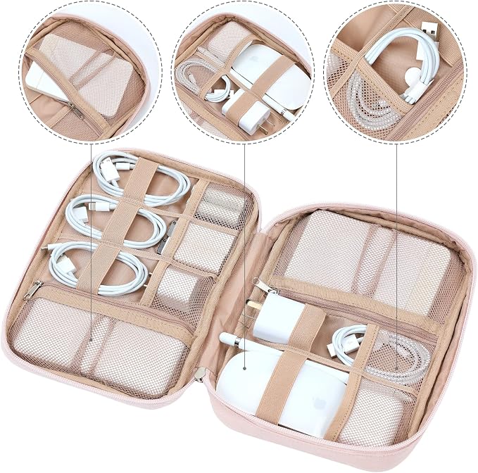 NISHEL Travel Cord Organizer, Electronic Cable Accessories Storage Bag | Bag for chargers, cables, phones, hard drives, USB devices and SD cards, ideal for travel and daily use,Pink