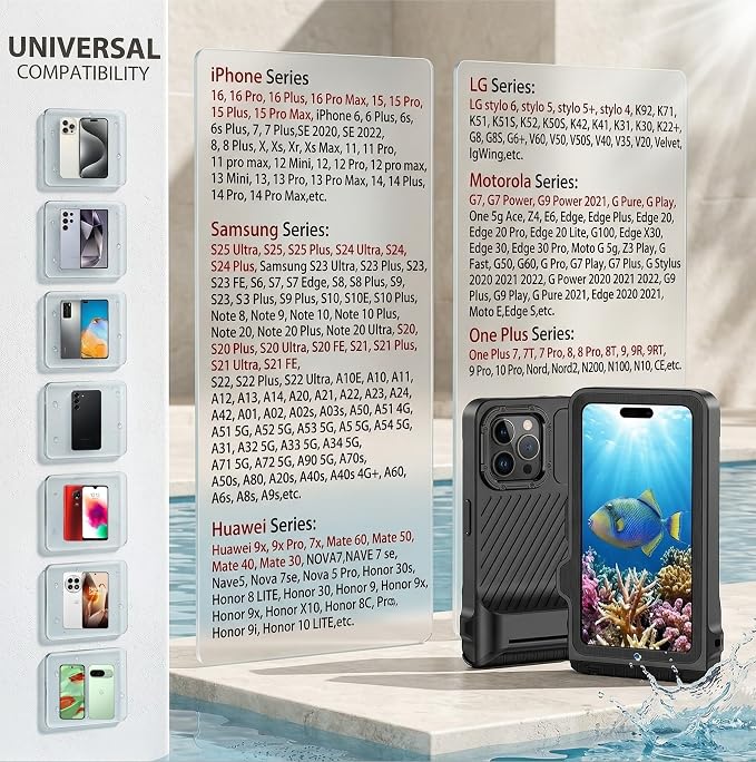 Diving Phone Case for iPhone 17 16 15 14 13 Pro Max Galaxy S25 S24 S23 Ultra, 50ft/15m Professional Waterproof Underwater Case with Real Touchscreen, Universal Camera Housing for Snorkeling (Black)