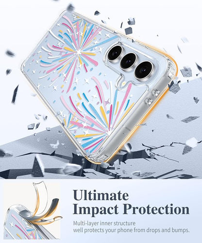 GVIEWIN for Samsung Galaxy S24 FE Case, Clear Floral Slim Shockproof Protective Women Phone Case, Non-Yellowing, with Screen Protector & Camera Lens Protector for S24 FE 6.7", Fireworks