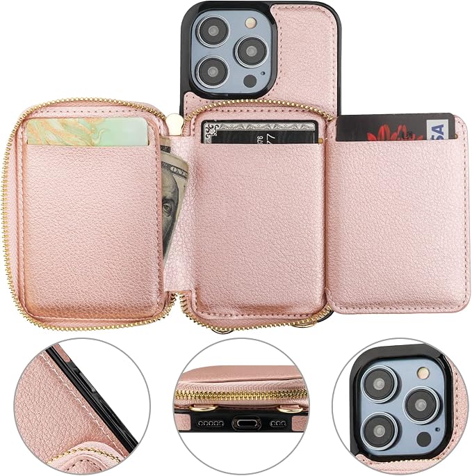 Bocasal RFID Blocking Wallet Case for iPhone 14 Pro, Adjustable Crossbody Zipper Purse Case Card Holder with Kickstand Detachable Wrist Strap, PU Leather Flip Folio Case 6.1 Inch 5G (Rose Gold)