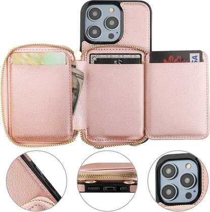 Bocasal RFID Blocking Wallet Case for iPhone 14 Pro, Adjustable Crossbody Zipper Purse Case Card Holder with Kickstand Detachable Wrist Strap, PU Leather Flip Folio Case 6.1 Inch 5G (Rose Gold)