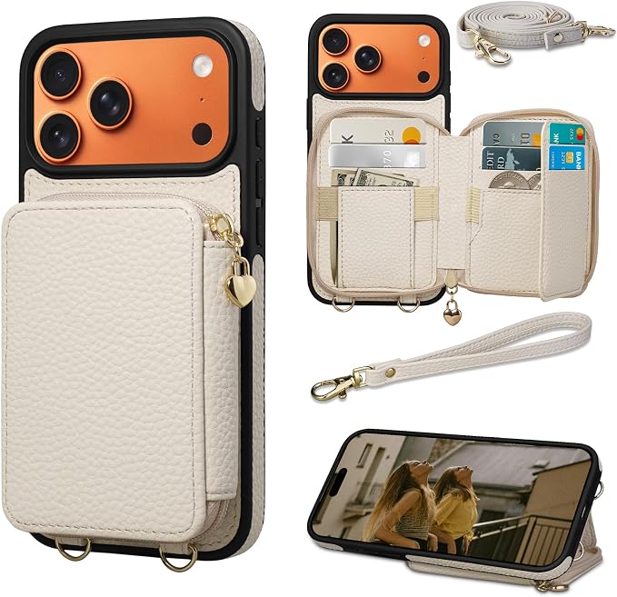 Keallce Case for iPhone 17 Pro Max 6.9'' Case Wallet, Crossbody Zipper Purse with RFID Blocking Card Slots Kickstand, Lanyard & Handstrap Flip Folio Leather Phone Cover for iPhone 17 Pro Max, Beige
