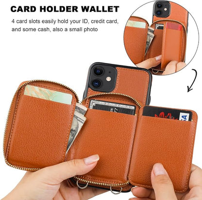 Bocasal RFID Blocking Wallet Case for iPhone 11, Adjustable Crossbody Zipper Purse Case Card Holder with Kickstand Detachable Wrist Strap, PU Leather Flip Folio Case 6.1 Inch (Brown)