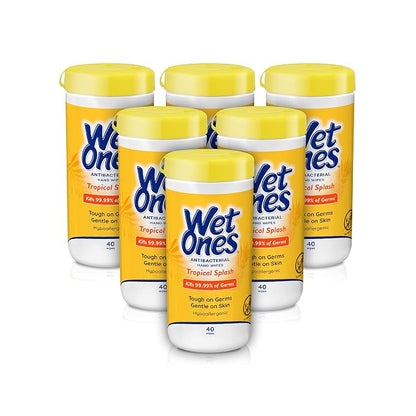 Wet Ones Antibacterial Hand Wipes, Tropical Splash Wipes | Antibacterial Wipes, Hand Sanitizer Wipes, Wet Ones Wipes, 40 ct. Canister (6 pack)