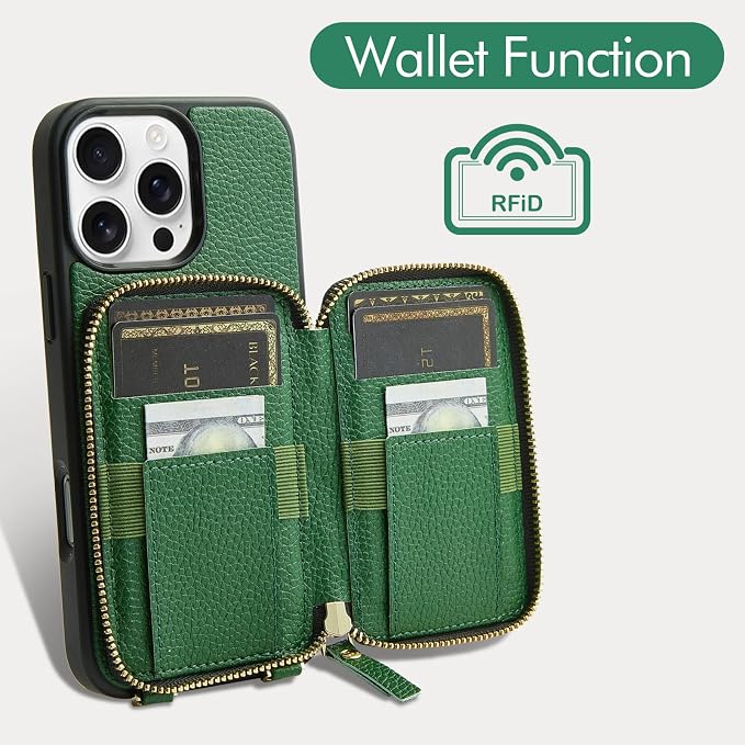 ZVE for iPhone 16 Pro Max Wallet Case, Zipper Crossbody Case with Card Holder Wrist Strap Phone Purse Cover for Women for iPhone 16 Pro Max 6.9" Dark Green