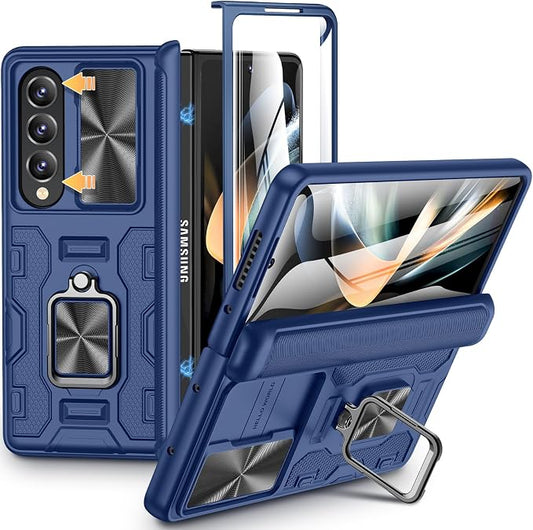 VEGO for Galaxy Z Fold 4 Case, with Slide Camera Cover & Hinge Protection | Built-in Screen Protectot & 360°Magnetic Rotating Ring Kickstand Protective Case for Samsung Galaxy Z Fold 4 5G-Blue