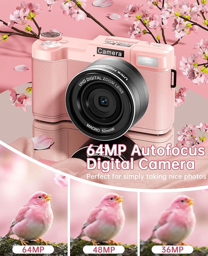 FLATIC 5K Digital Camera with WiFi, Cameras for Photography with 180°Flip Screen, Vlogging Camera with 64GB Card, Battery, Camera for Beginner, Teens