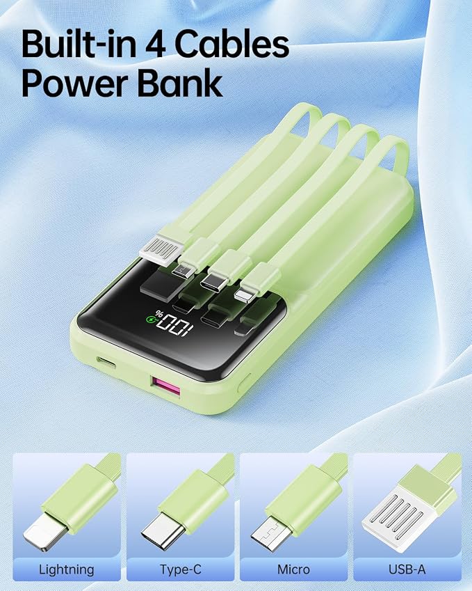 RONEGN Portable Charger with Built in Cable -20000mAh Fast Charging Power Bank USB C Slim 22.5W LED Display Battery Pack 5 Outputs & 3 Inputs for Travel Essentials iPhone Samsung Phones Green