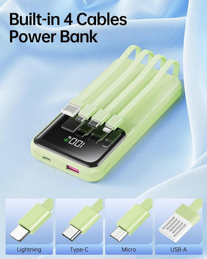 RONEGN Portable Charger with Built in Cable -20000mAh Fast Charging Power Bank USB C Slim 22.5W LED Display Battery Pack 5 Outputs & 3 Inputs for Travel Essentials iPhone Samsung Phones Green