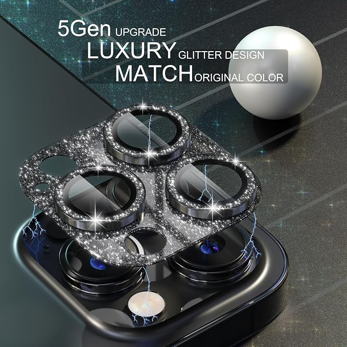 Choiche for iPhone 14 Pro/iPhone 14 Pro Max Camera Lens Protector, Bling Camera Cover with 9H Tempered Glass Lens Screen Protector Metal Ring Decoration Accessories (Glitter-Black)