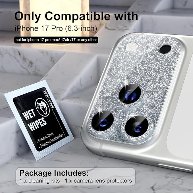 Choiche Compatible for iPhone 17 Pro Camera Lens Protector, Bling Camera Cover with 9H Tempered Glass Lens Screen Protector Metal Ring Decoration Accessories 6.3-inch (Glitter-Silver)
