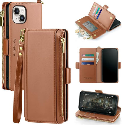 Antsturdy Compatible with iPhone 15 Wallet Case Card Holder【RFID Blocking】 PU Leather Phone Case Women Men flip Protective Cover Wrist Strap Zipper Credit Card Slots,for Apple 15 6.1",Light Brown