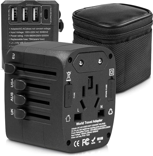 Universal International Travel Power Adapter W/High Speed 2.4A USB, 3.0A Type-C Wall Charger, European Adapter, Worldwide AC Outlet Plugs Adapters for Europe, UK, US, AU, Asia (Black)