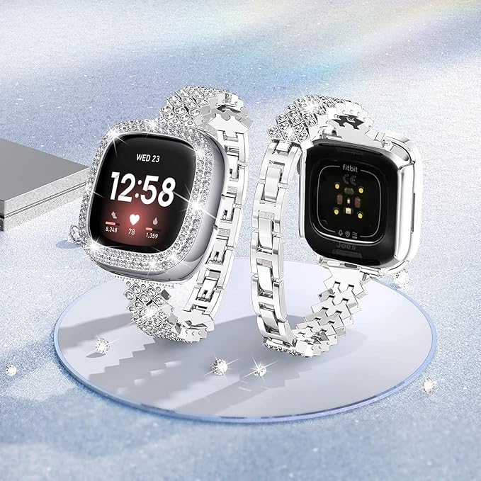Bling Watch Band Compatible with Fitbit Versa 4/ Fitbit Sense 2 for Women, Adjustable Crystal Alloy Strap Rhinestone Stainless Steel Metal Wristband Replacement for Fitbit Sense2/Versa 4(Silver)