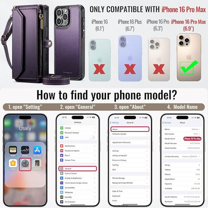Strapurs for iPhone 16 Pro Max Detachable Wallet Case Compatible with Magsafe, RFID Blocking 9-Card Holder Zipper Strap Lanyard PU Leather Magnetic Phone Case for iPhone 16 Pro Max 6.9", Purple