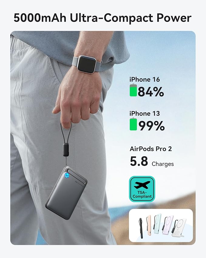 INIU Magnetic Portable Charger, Slim Qi2 Certified 5000mAh 20W Magnetic Power Bank, USB C in&Out Wireless Battery Pack Phone Charger, Only for iPhone 16/15/14/13/12 Series, Purple