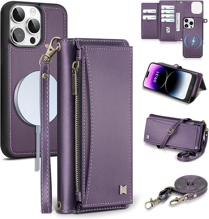 Wallet Case for iPhone 14 Pro Max with Card Holder/Crossbody Wallet/Strap| RFID Blocking | Magnetic | Kickstand | Detachable | PU Leather Phone Case for iPhone 14 Pro Max,6.7 in,Purple