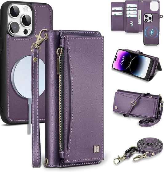 Wallet Case for iPhone 14 Pro Max with Card Holder/Crossbody Wallet/Strap| RFID Blocking | Magnetic | Kickstand | Detachable | PU Leather Phone Case for iPhone 14 Pro Max,6.7 in,Purple