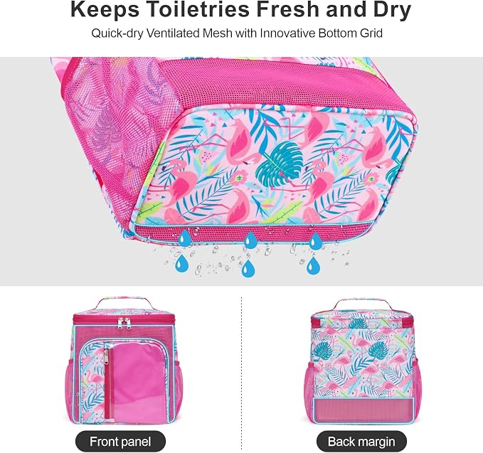 F-color Shower Caddy Portable for College Dorm Essentials - Large Hanging Sturdy Handle Toiletry Tote Bag with Hook, Multiple Pockets, Quick Dry Organizer for Camping, Travel, Gym, Pink Flamingo