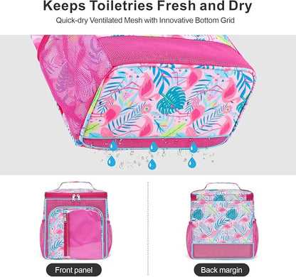 F-color Shower Caddy Portable for College Dorm Essentials - Large Hanging Sturdy Handle Toiletry Tote Bag with Hook, Multiple Pockets, Quick Dry Organizer for Camping, Travel, Gym, Pink Flamingo