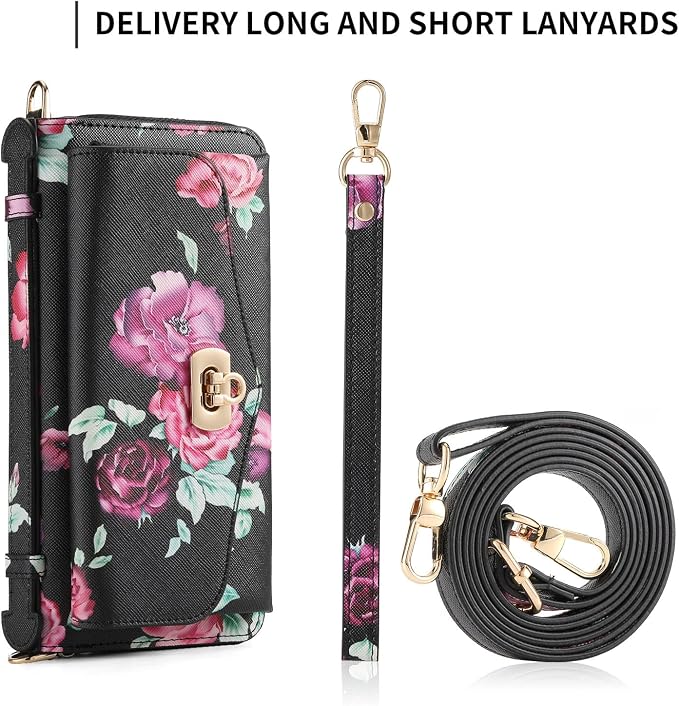 LITOU Compatible for Samsung Galaxy S26 Plus Crossbody Phone Case,Detachable Magnetic,Card Holder,Zipper Leather Wallet Wrist Lanyard Strap Case for Women Men.BlackFlower