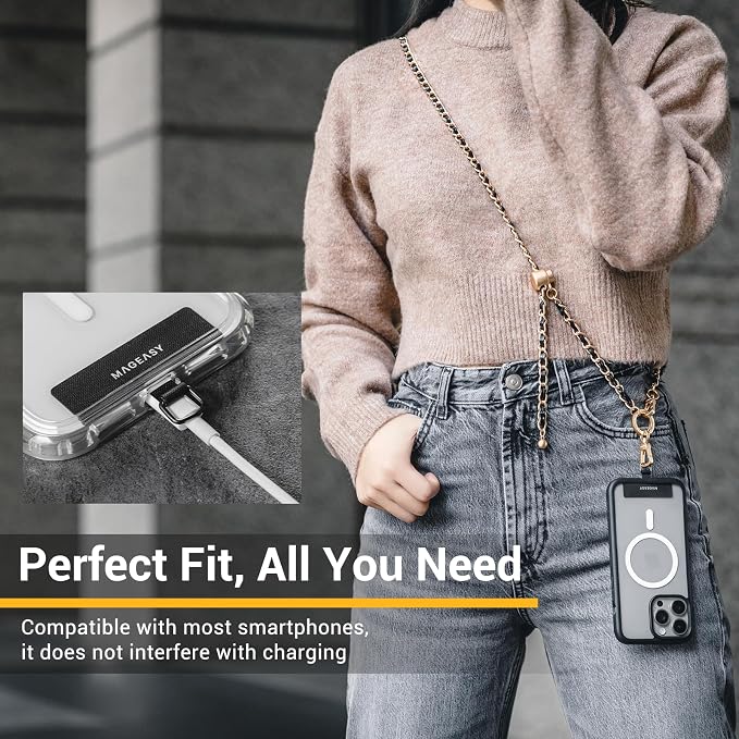 MAGEASY Crossbody Phone Chain Strap - Universal Metal Crossbody Phone Lanyard With Adjustable Length, Chic Cell Phone Necklace Phone Strap for iPhone & Android Phones - Classic Gold Metal
