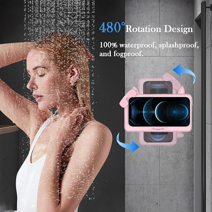 Shower Phone Holder Waterproof, Anti-Fog Touch Screen Shower Phone Case, 480 Rotation Wall Phone Mount Stand for Bathroom Batheub Kitchen Wall Mirror, Compatible with 4.7"-6.8" Phones (Pink)