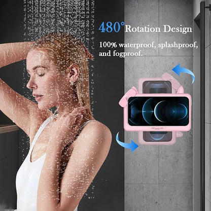Shower Phone Holder Waterproof, Anti-Fog Touch Screen Shower Phone Case, 480 Rotation Wall Phone Mount Stand for Bathroom Batheub Kitchen Wall Mirror, Compatible with 4.7"-6.8" Phones (Pink)