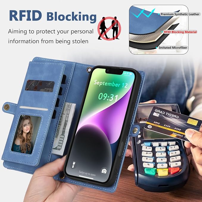 Wallet Case for iPhone 14 with Card Holder/Crossbody Wallet/Strap| RFID Blocking | Magnetic | Kickstand | Detachable | PU Leather Phone Case for iPhone 14,6.1 in,Sky Blue