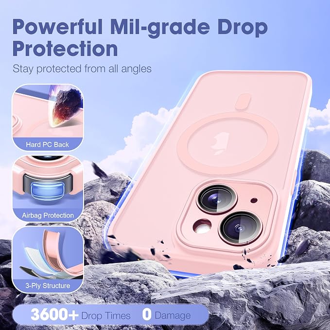 Compatible with iPhone 15 Case with Built-in Camera Lens Protectors Shockproof Translucent Magnetic iPhone 15 Phone Case 6.1" [Compatible with Mag-Safe][Great Grip Feeling], Pink