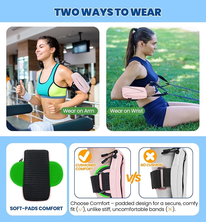 HiRui Cell Phone Holder Arm Bag & Wrist Bag for Phone, Sports Running Armband for Gym & Cycling, Compatible with iPhone 17/17Pro/Plus/16/15 Samsung Galaxy All Phones, Reflective & Adjustable (Pink)