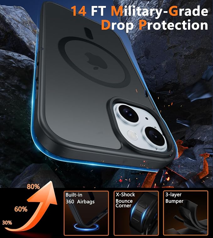 FNTCASE for iPhone 15 Case: for iPhone 14 & iPhone 13 Case | Magnetic Frosted Translucent Slim Shockproof Cell Phone Cover | Military Grade Protection Drop Proof Tough Protective Cases - Black