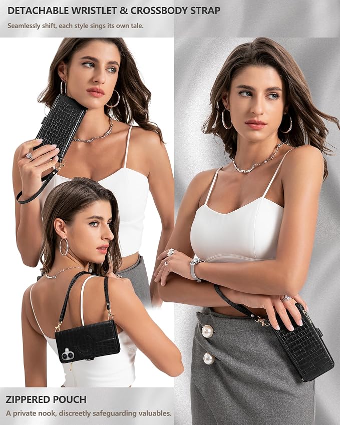 Crossbody Wallet Case for iPhone 16 Plus with Mirror, Wrist Strap, Zipper Purse Magnetic Flip RFID Blocking Card Holder, Wireless Charging, PU Leather Shockproof 6.7" Women (Black)