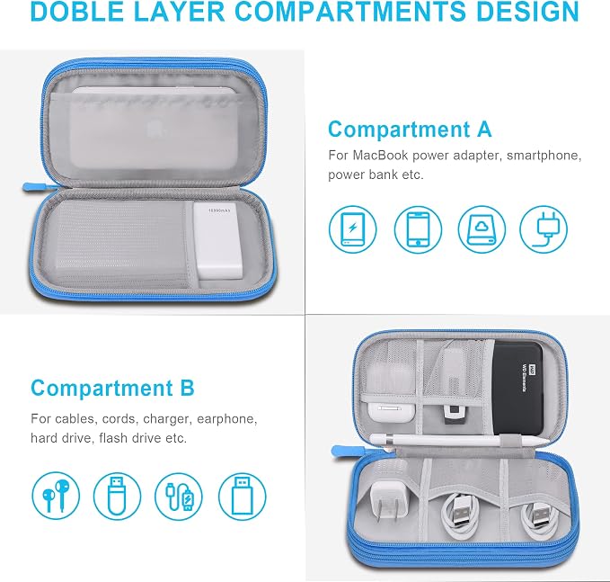 Lacdo Electronic Organizer, Travel Cable Organizer Bag Pouch Tech Electronic Accessories Carry Case Portable Double Layer Charger Case for Cable, Cord, Charger, Phone, Earphone, Power Bank, Azure Blue
