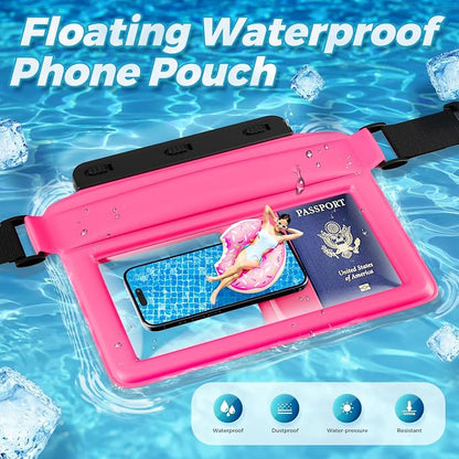 JOTO Large Floating Waterproof Phone Pouch with Adjustable Waist Strap, Water Proof Fanny Pack Dry Bag Wallet for Cellphone Passport Watch and Valuables, Beach Essential for Swimming Snorkeling -Pink