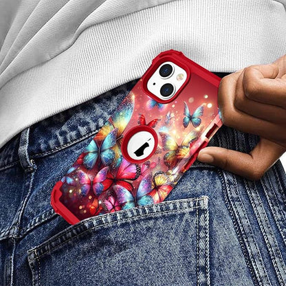 Hocase for iPhone 15 Plus Case, Heavy Duty Shockproof Protection Soft Silicone Rubber Bumper+Hard Plastic Hybrid Protective Case for iPhone 15 Plus 6.7" 2023 - Shimmering Butterflies in Red