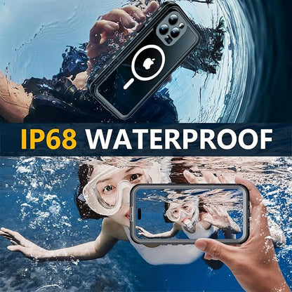 Red2Fire for iPhone 15 Pro Max Case Waterproof, [Built-in Screen Protector & Camera Protector][Compatible with MagSafe][Full Body Shockproof][IP68 Waterproof][Dustproof] Phone Case 6.7" Black/Clear