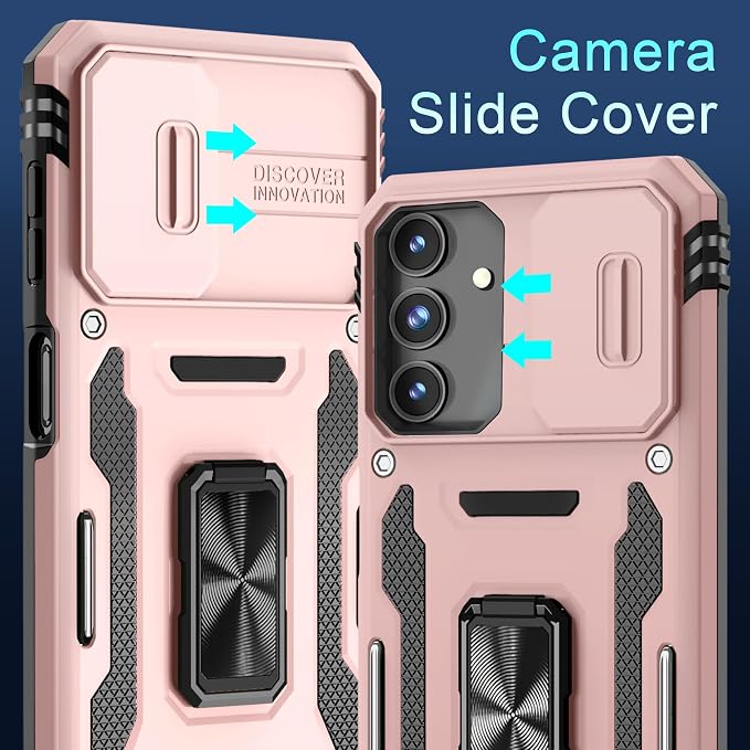 DEERLAMN Case for Samsung Galaxy A15 5G with Slide Camera Cover+Screen Protector (1 Pack), Rotated Ring Kickstand Military Grade Shockproof Protective Cover-Rose Gold