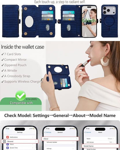 Crossbody Wallet Case for iPhone 17 Pro with Mirror, Wrist Strap, Zipper Purse Magnetic Flip, RFID Blocking Card Holder, Wireless Charging, PU Leather Shockproof 6.3" Women (Navy Blue)