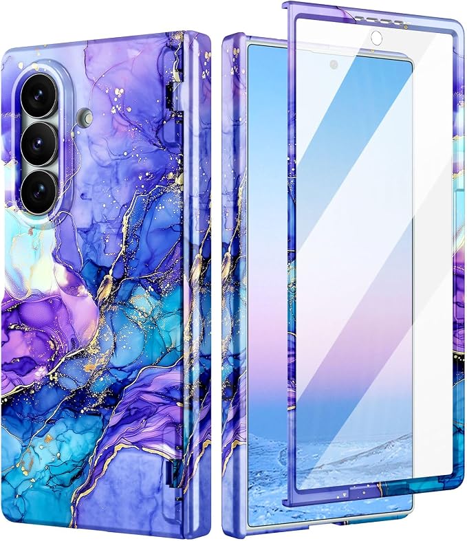 Btscase for Samsung Galaxy Z Fold 7 Case,Built in Front Screen Protector,Gold Glitter Marble Pattern Hard PC Slim Shockproof Full Body Drop Protective Case for Galaxy Z Fold 7 5G, Bright Purple Blue