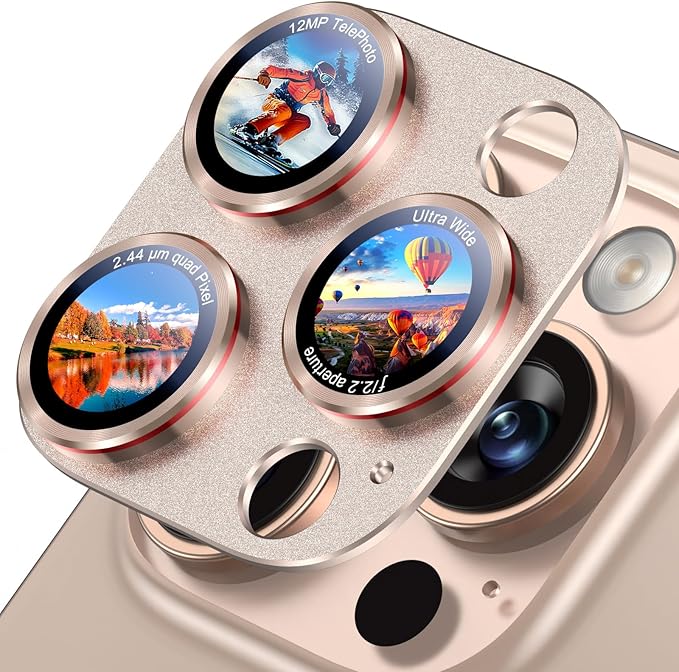 Uyiton Professional Camera Style for iPhone 16 Pro Max/16 Pro/14 Pro Max/14 Pro Camera Lens Protector - [Unique Typography + Phone Lens Red Circle Design] Metal Tempered Glass Camera Cover, Gold+Red