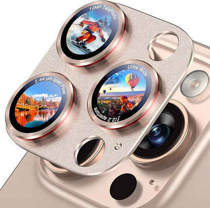 Uyiton Professional Camera Style for iPhone 16 Pro Max/16 Pro/14 Pro Max/14 Pro Camera Lens Protector - [Unique Typography + Phone Lens Red Circle Design] Metal Tempered Glass Camera Cover, Gold+Red