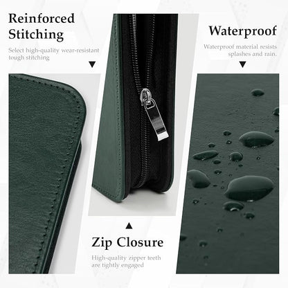 EYROZILL Zippered Leather 3 Ring Binder Organizer with Pockets – Business Portfolio Folder with Card Slots, Phone Holder, Pen Loop (Dark Green)