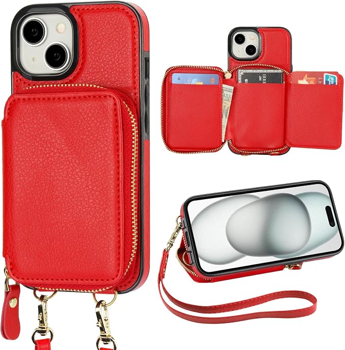 Bocasal RFID Blocking Wallet Case for iPhone 15, Adjustable Crossbody Zipper Purse Case Card Holder with Kickstand Detachable Wrist Strap, PU Leather Flip Folio Case 6.1 Inch 5G (Red)