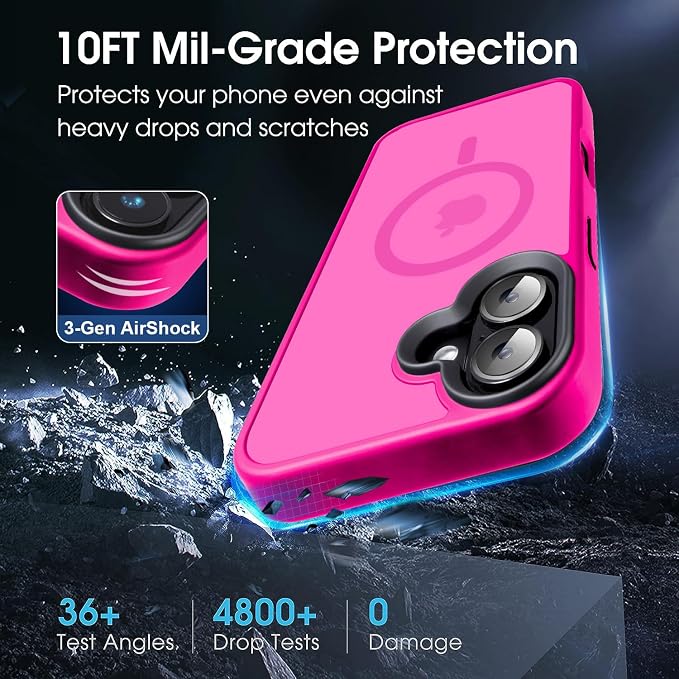 Strong Magnetic Case for iPhone 16 Case [5X-Grade Drop Tested & Compatible with MagSafe] Translucent Anti-Fingerprint Shockproof Protective Cover 6.1 Inch,Hot Pink
