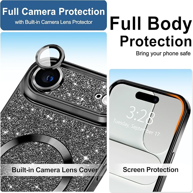 Hython for iPhone Air Case Glitter Clear Magnetic Phone Cases [Compatible with MagSafe] Full Camera Lens Protector Sparkle Luxury Plating Slim Shockproof Protective Cover Women, Black