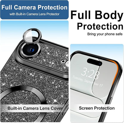 Hython for iPhone Air Case Glitter Clear Magnetic Phone Cases [Compatible with MagSafe] Full Camera Lens Protector Sparkle Luxury Plating Slim Shockproof Protective Cover Women, Black