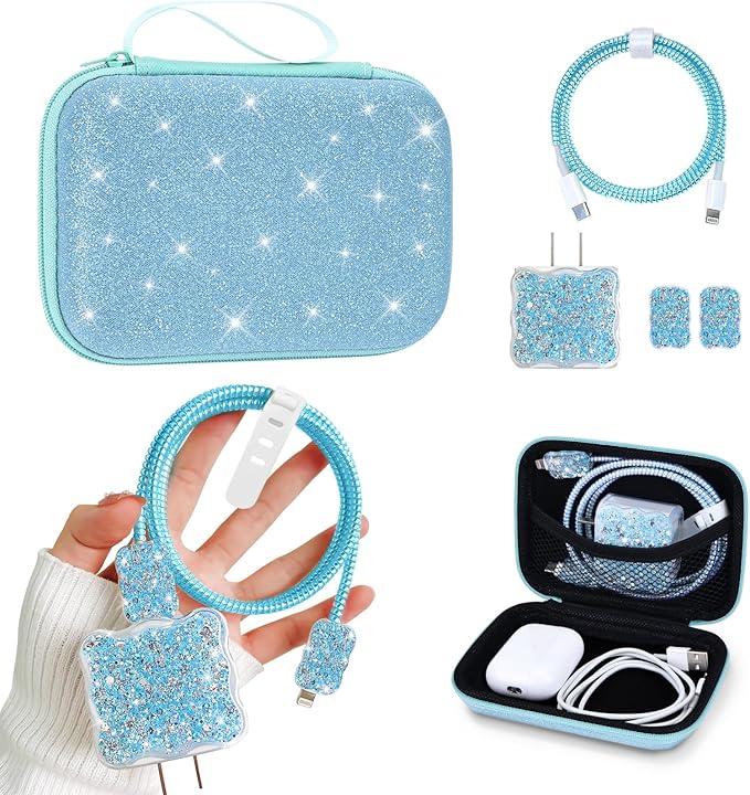 Glitter Electronic Organizer Set - Phone Charger Storage Cover, Cute Bling Case Bag With Cable Protector for iPhone, Soft Data Cord Saver, Cable Chomper (Blue)