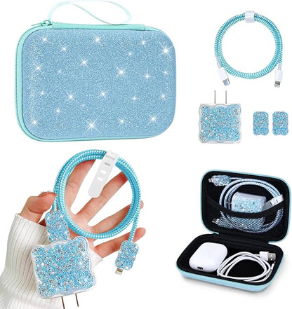 Glitter Electronic Organizer Set - Phone Charger Storage Cover, Cute Bling Case Bag With Cable Protector for iPhone, Soft Data Cord Saver, Cable Chomper (Blue)